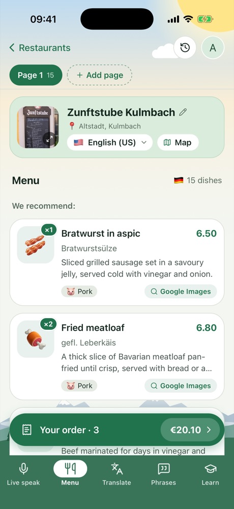 A German menu read in English, with prices and food tags